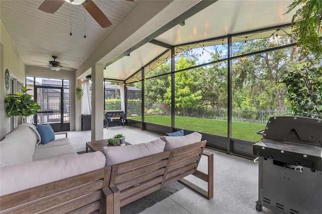 17676 Passionflower Cir, Clermont, FL 34714 - sunroom with ceiling fan, an outdoor living space, and lofted ceiling