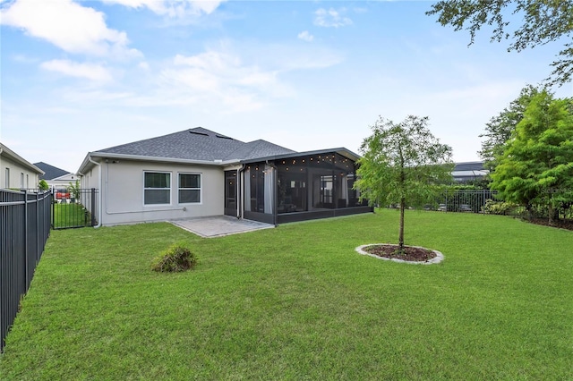 17676 Passionflower Cir, Clermont, FL 34714 - back of property featuring a sunroom, a fenced backyard, a patio area, and stucco siding
