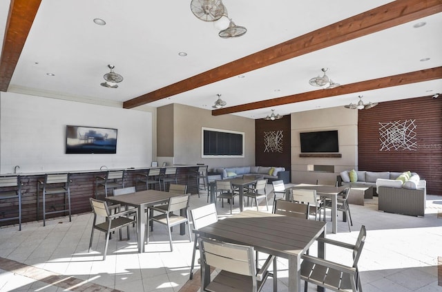 17676 Passionflower Cir, Clermont, FL 34714 - dining room featuring beamed ceiling, light tile patterned floors, and recessed lighting