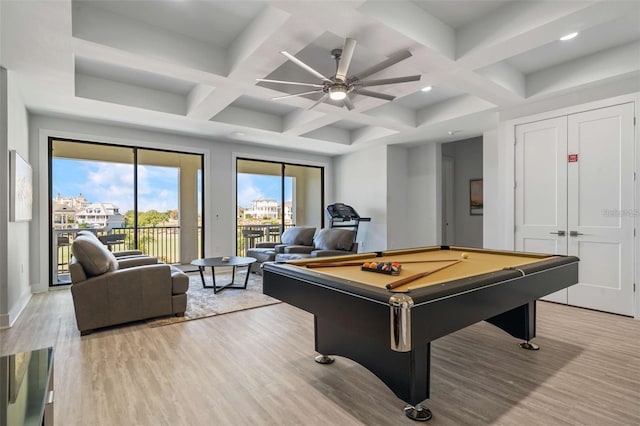 1526 Euston Dr, Reunion, FL 34747 - playroom featuring wood finished floors, coffered ceiling, pool table, beamed ceiling, and a ceiling fan