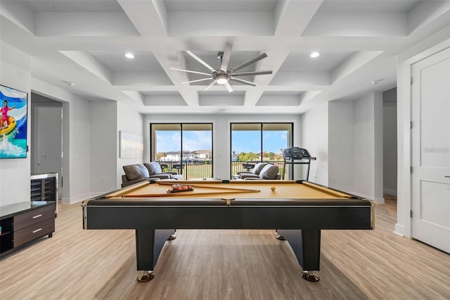 1526 Euston Dr, Reunion, FL 34747 - game room with pool table, light wood-style floors, coffered ceiling, recessed lighting, and a ceiling fan