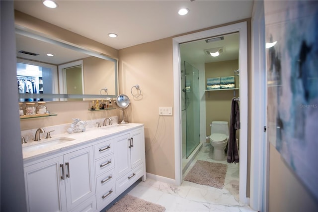 4203 Fairway Run, Tampa, FL 33618 - bathroom with double vanity, a shower stall, marble finish floors, and recessed lighting