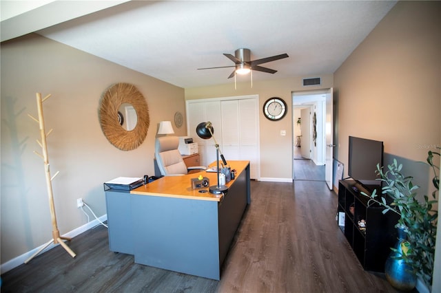 4203 Fairway Run, Tampa, FL 33618 - home office featuring dark wood finished floors and ceiling fan