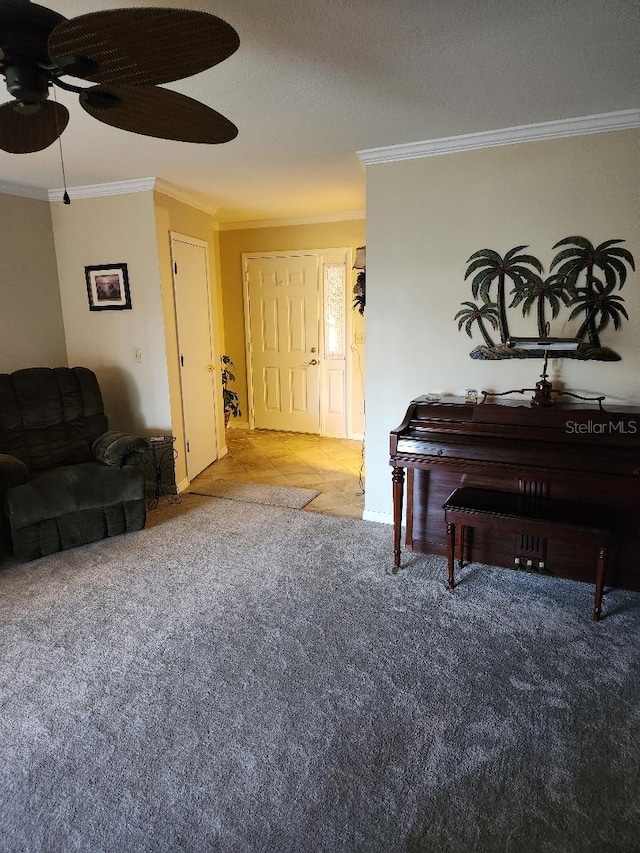 1626 Willow Run, Sebring, FL 33872 - living area with crown molding, ceiling fan, and carpet flooring