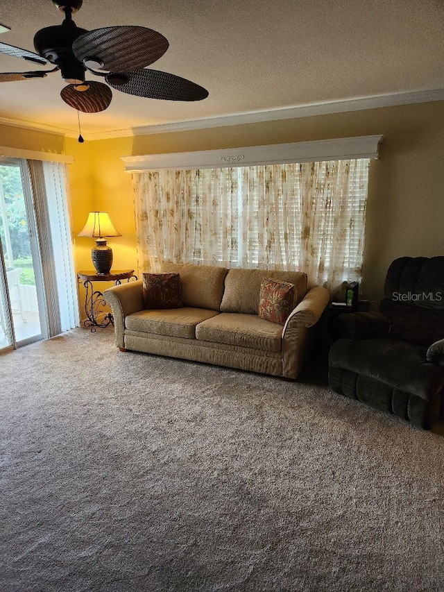 1626 Willow Run, Sebring, FL 33872 - carpeted living area featuring crown molding, a ceiling fan, and a textured ceiling
