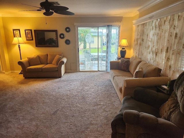 1626 Willow Run, Sebring, FL 33872 - carpeted living room with ornamental molding and ceiling fan