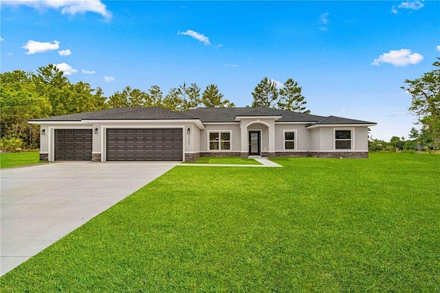 12756 SW 80th St, Dunnellon, FL 34432 - view of front of home with an attached garage, a front lawn, concrete driveway, stone siding, and stucco siding