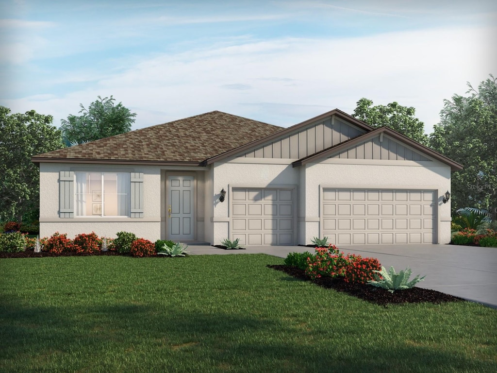 13817 Richland Gulf Cir, Parrish, FL 34219 - view of front facade with an attached garage, driveway, a front yard, roof with shingles, and board and batten siding