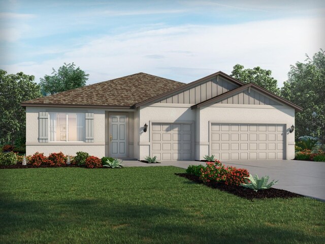 13817 Richland Gulf Cir, Parrish, FL 34219 - view of front facade with an attached garage, driveway, a front yard, roof with shingles, and board and batten siding