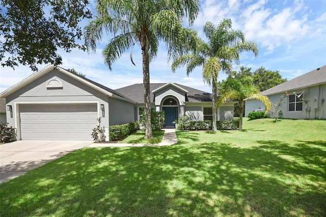 189 Blackstone Creek Rd, Groveland, FL 34736 - ranch-style house with an attached garage, driveway, a front lawn, and stucco siding