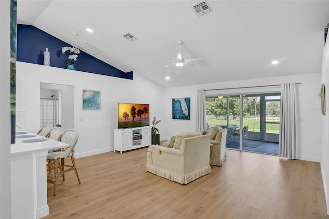 189 Blackstone Creek Rd, Groveland, FL 34736 - living room with ceiling fan, light wood-style flooring, recessed lighting, and high vaulted ceiling