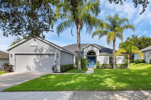 189 Blackstone Creek Rd, Groveland, FL 34736 - ranch-style house featuring stucco siding, a garage, a front yard, and concrete driveway