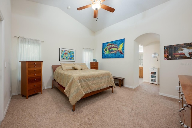 1646 Song Sparrow Ct, Sanford, FL 32773 - bedroom featuring arched walkways, light colored carpet, high vaulted ceiling, and ceiling fan