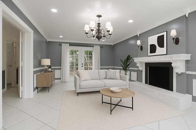 3417 Pershing Ave, Orlando, FL 32812 - living area featuring french doors, a chandelier, recessed lighting, light tile patterned floors, and crown molding