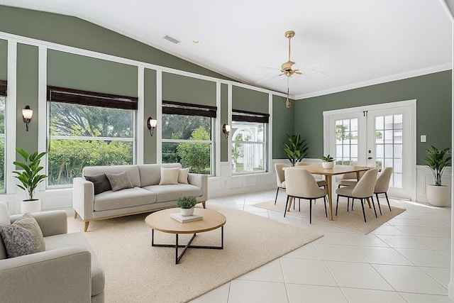 3417 Pershing Ave, Orlando, FL 32812 - tiled living room featuring lofted ceiling, ceiling fan, and french doors