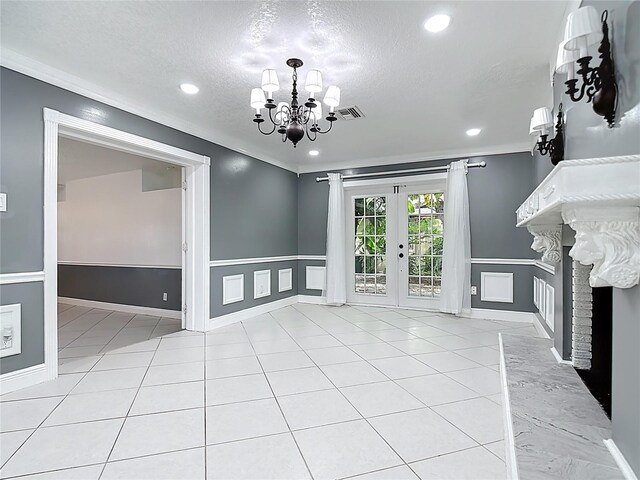 3417 Pershing Ave, Orlando, FL 32812 - unfurnished living room featuring french doors, a chandelier, recessed lighting, a textured ceiling, and ornamental molding