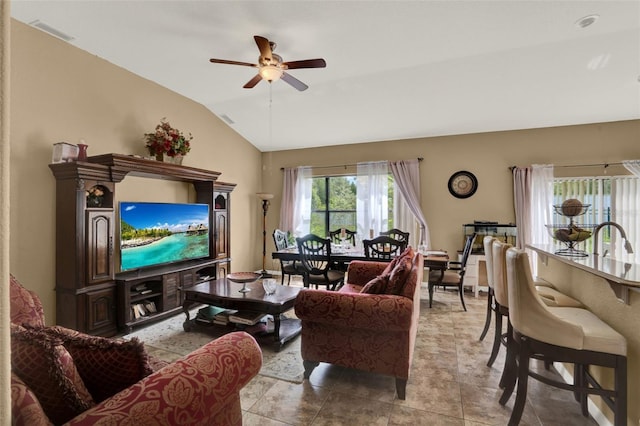 501 Lake Cummings Way, Lake Alfred, FL 33850 - living room with lofted ceiling and ceiling fan
