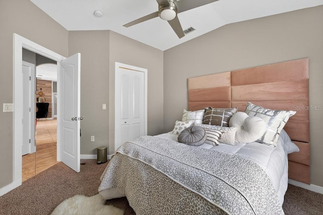 533 Quail Down Dr, Debary, FL 32713 - bedroom with carpet, ceiling fan, lofted ceiling, and a closet