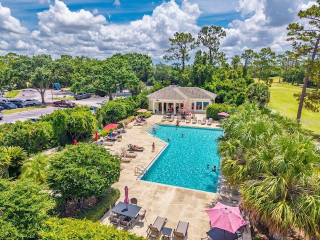 533 Quail Down Dr, Debary, FL 32713 - community pool featuring a patio and view of wooded area