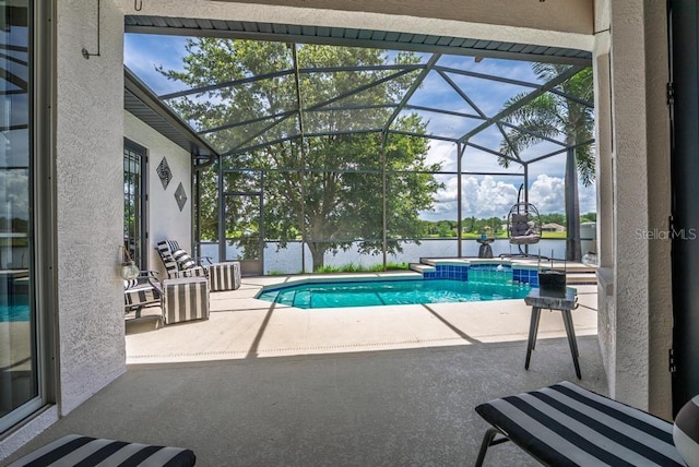 533 Quail Down Dr, Debary, FL 32713 - swimming pool with a patio area, a water view, and a lanai