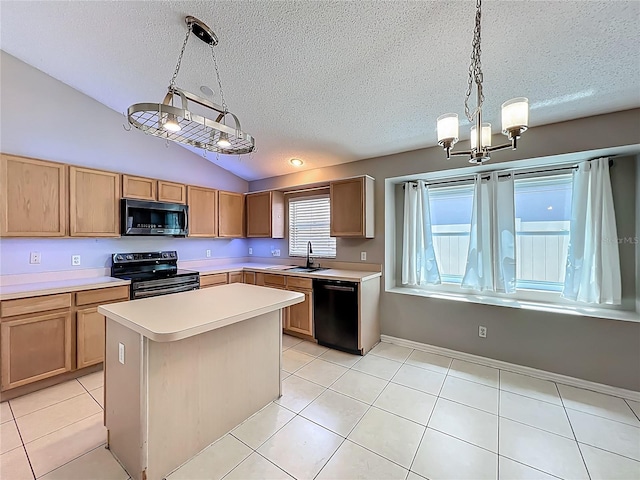 12938 Maribou Cir, Orlando, FL 32828 - kitchen with black appliances, a textured ceiling, light countertops, a chandelier, and vaulted ceiling