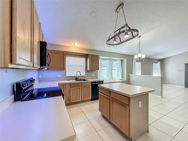 12938 Maribou Cir, Orlando, FL 32828 - kitchen featuring dishwasher, range with electric cooktop, a center island, light tile patterned floors, and a textured ceiling