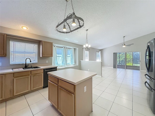 12938 Maribou Cir, Orlando, FL 32828 - kitchen featuring dishwashing machine, refrigerator, a textured ceiling, a ceiling fan, and light tile patterned flooring