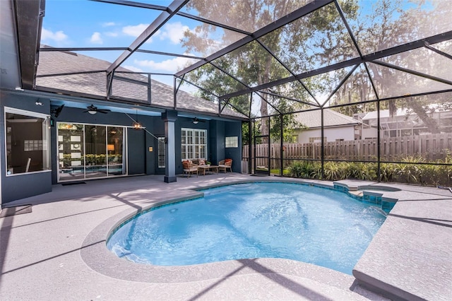 315 Lake Rd, Lake Mary, FL 32746 - view of pool featuring a ceiling fan, a patio area, a lanai, and a pool with connected hot tub
