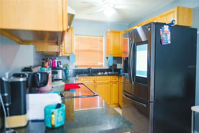 339 Colony Ct, Kissimmee, FL 34758 - kitchen featuring smart refrigerator, ceiling fan, tile patterned flooring, and dark countertops