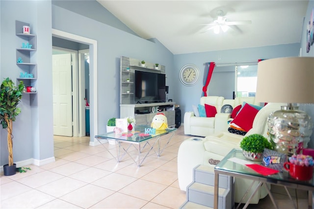 339 Colony Ct, Kissimmee, FL 34758 - living area with vaulted ceiling, ceiling fan, and light tile patterned flooring