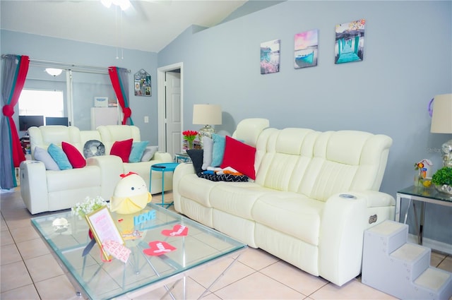 339 Colony Ct, Kissimmee, FL 34758 - living area with tile patterned flooring, lofted ceiling, and ceiling fan