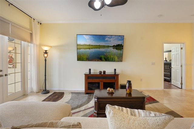 930 Willow Oak Loop, Minneola, FL 34715 - living room featuring light tile patterned floors, ceiling fan, and ornamental molding