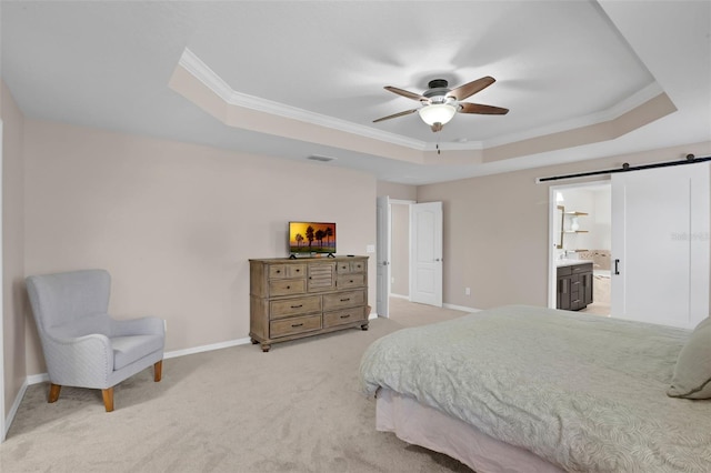 3472 Gretchen Dr, Ocoee, FL 34761 - bedroom featuring a raised ceiling, crown molding, light colored carpet, a barn door, and ceiling fan