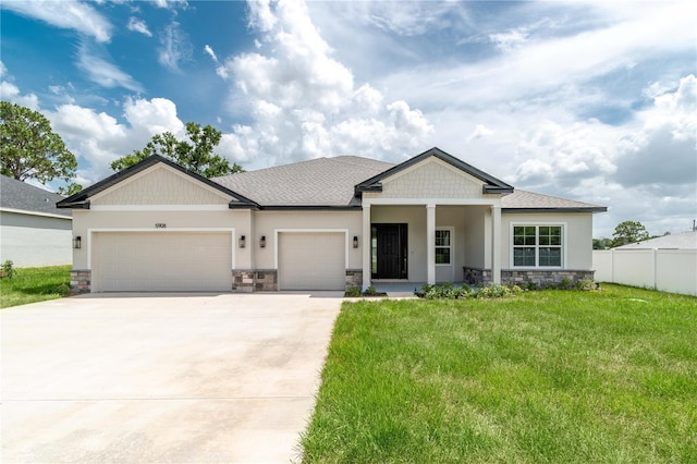 5908 SW 115 Street Rd, Ocala, FL 34476 - craftsman house featuring stone siding, concrete driveway, an attached garage, a shingled roof, and stucco siding