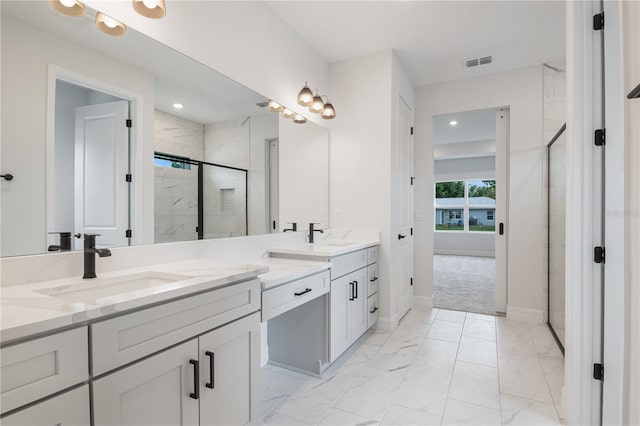 5908 SW 115 Street Rd, Ocala, FL 34476 - bathroom featuring double vanity, a marble finish shower, marble finish flooring, and recessed lighting