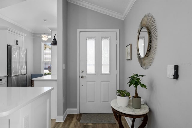 144 Bridgeton St, Davenport, FL 33896 - foyer with dark wood-type flooring, ceiling fan, and crown molding