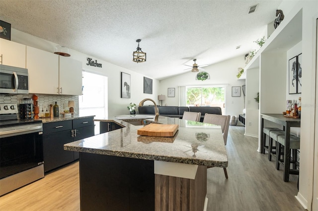 11761 Hatcher Cir, Orlando, FL 32824 - kitchen with appliances with stainless steel finishes, a kitchen breakfast bar, light wood finished floors, a textured ceiling, and ceiling fan