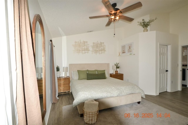 11761 Hatcher Cir, Orlando, FL 32824 - bedroom featuring wood finished floors, high vaulted ceiling, and a ceiling fan