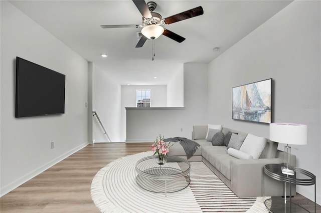 9937 Aqua Miles Path, Wesley Chapel, FL 33545 - living room featuring wood finished floors, ceiling fan, and recessed lighting