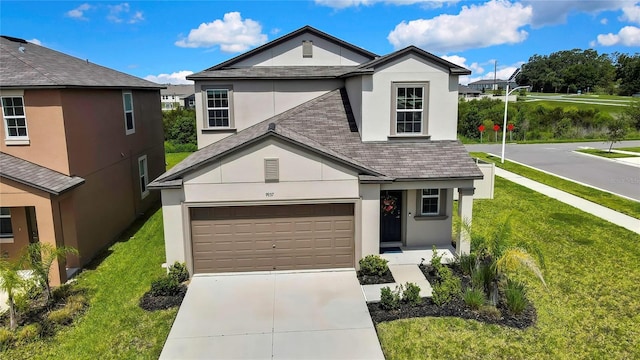 9937 Aqua Miles Path, Wesley Chapel, FL 33545 - traditional home with stucco siding, driveway, a front lawn, and roof with shingles