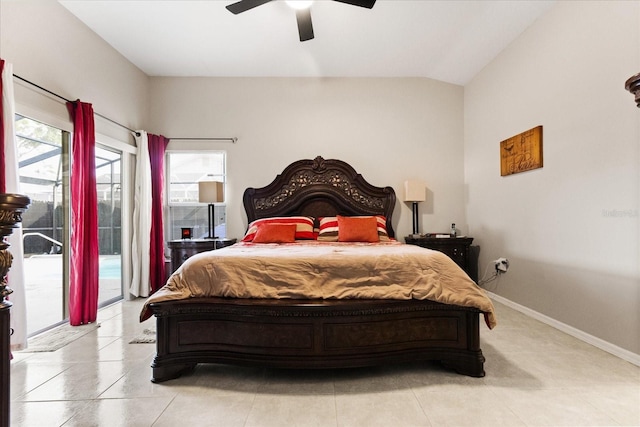 1716 Westerly Dr, Brandon, FL 33511 - bedroom featuring access to exterior, multiple windows, ceiling fan, light tile patterned floors, and vaulted ceiling