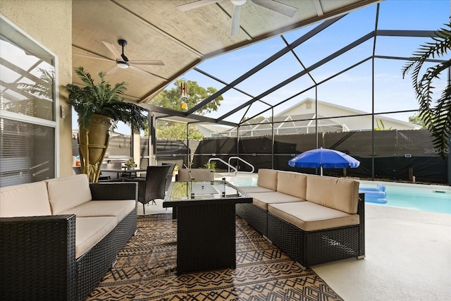 1716 Westerly Dr, Brandon, FL 33511 - view of patio / terrace with ceiling fan, an outdoor living space, and glass enclosure