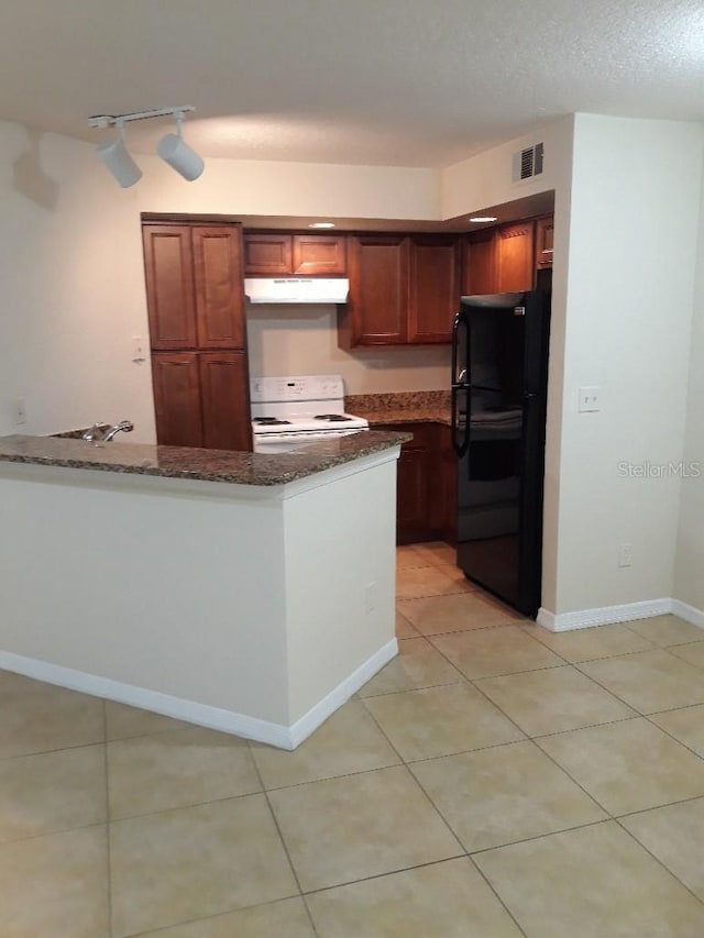 5725 Gatlin Ave Unit 315, Orlando, FL 32822 - kitchen with freestanding refrigerator, white stove, dark stone counters, under cabinet range hood, and a peninsula