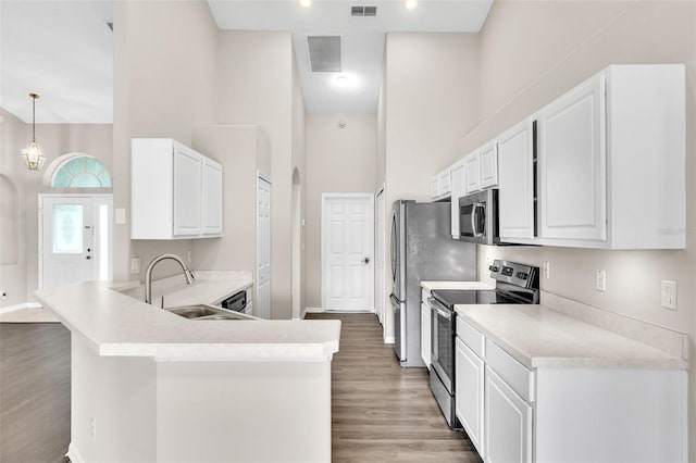 2675 Bond St, Clermont, FL 34711 - kitchen featuring appliances with stainless steel finishes, a towering ceiling, light wood-type flooring, a peninsula, and light countertops