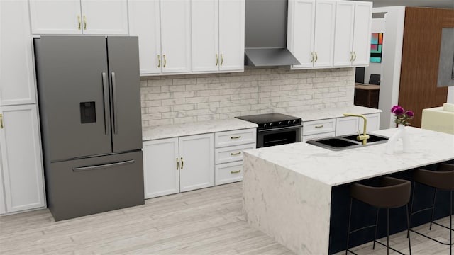 TBD SW 177th St, Ocala, FL 34473 - kitchen with stainless steel refrigerator with ice dispenser, black range with electric cooktop, wall chimney range hood, tasteful backsplash, and white cabinets
