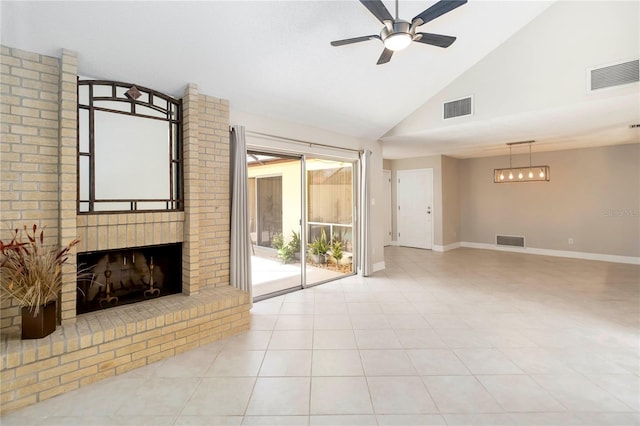 5057 Maui Cir Unit 15, Orlando, FL 32808 - unfurnished living room with a ceiling fan, high vaulted ceiling, and a brick fireplace