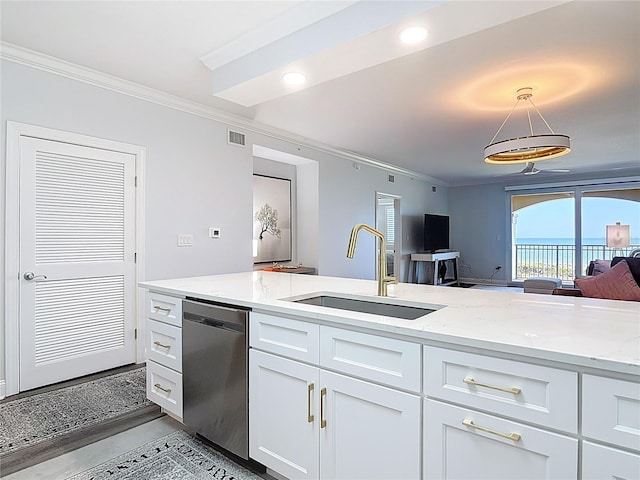 60 Surfview Dr Unit 308, Palm Coast, FL 32137 - kitchen featuring stainless steel dishwasher, ornamental molding, open floor plan, light stone counters, and white cabinets