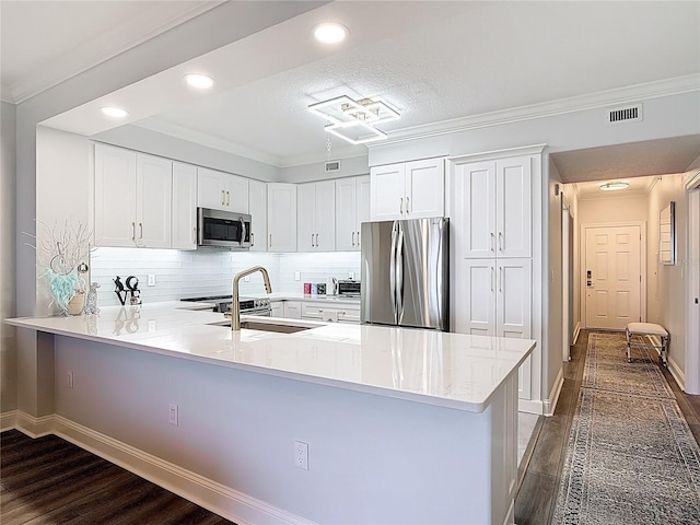 60 Surfview Dr Unit 308, Palm Coast, FL 32137 - kitchen with stainless steel appliances, dark wood-type flooring, a peninsula, crown molding, and light countertops