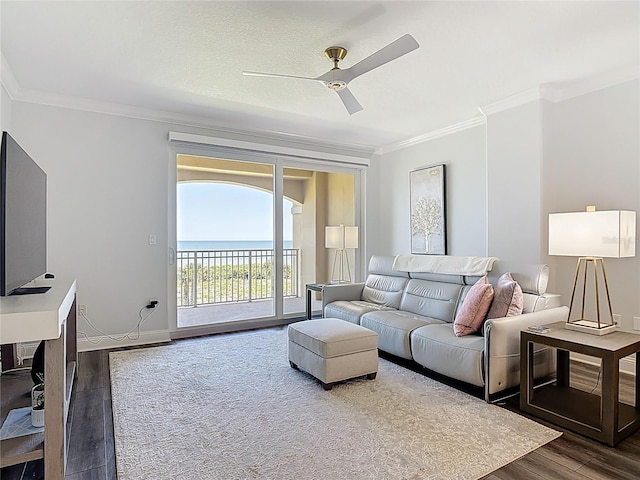 60 Surfview Dr Unit 308, Palm Coast, FL 32137 - living area featuring ornamental molding, dark wood finished floors, a ceiling fan, and a water view