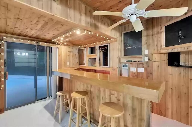 15609 Timberline Dr, Tampa, FL 33624 - indoor bar featuring wooden walls, wood ceiling, and ceiling fan